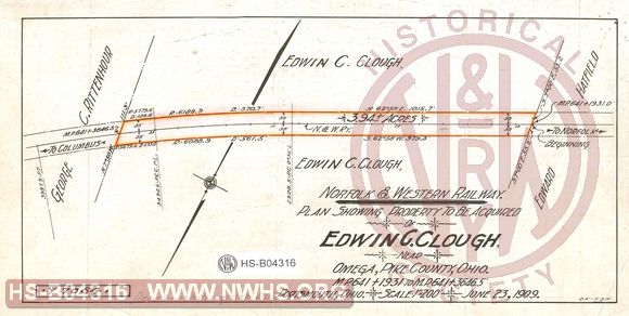 N&W Ry, Plan showing property to be acquired of Edwin C. Clough near Omega, Pike County, Ohio, MP 641+1931' to MP 641+3646.5'