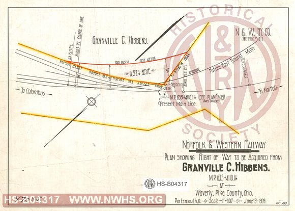 N&W Ry, Plan showing right of way to be acquired from Granville C. Hibbens, MP 635+4110.1 at Waverly, Pike County, Ohio