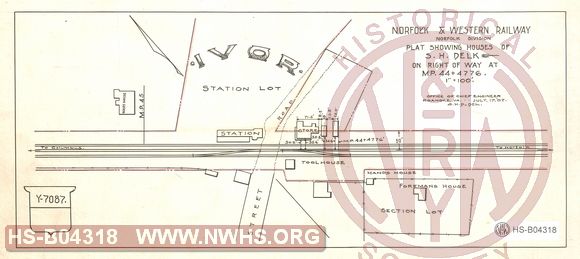 N&W Ry, Norfolk Division, Plat showing house of S.H. Delk on right of way at MP 44+4776'