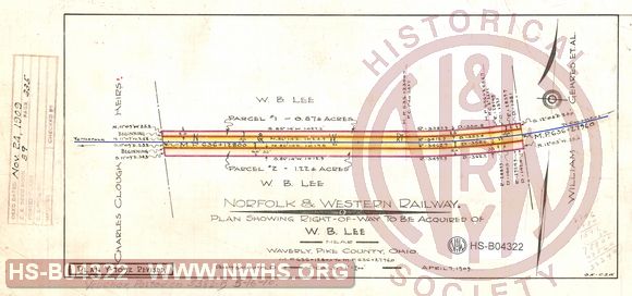 N&W Ry, Plan showing right of way to be acquired of W.B. Lee near Waverly, Pike County, Ohio, MP 636+1280.0 to MP 636+2796.0