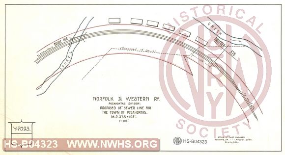 N&W Ry, Pocahontas Division, Propoosed 18" sewer line for The Town of Pocahontas, MP 375+105'