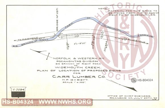 N&W Ry, Pocahontas Division, Big Branch of Right Fork of Widemouth Creek. Plan of Location of proposed siding for Carr Lumber Co., MP 18+915 ft.