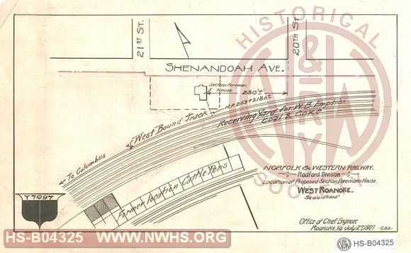N&W Ry, Radford Division, Location of proposed Section Foreman's House, West Roanoke