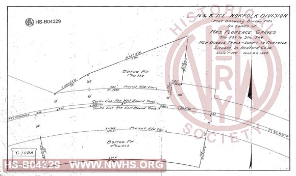 N&W Ry Norfolk Division, Plat showing borrow pits on lands of Mrs Florence Graves sta 538 to sta 546, New double track - Lowry to Montvale, situate in Bedford Co. Va.
