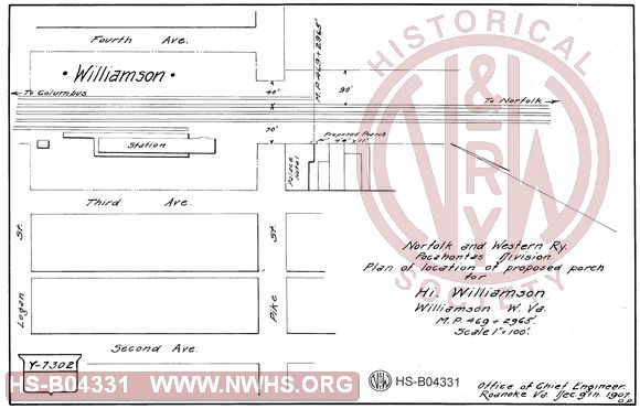 N&W Ry, Pocahontas Division, Plan of location of proposed porch for Hi. Williamson, Williamson, W.Va, MP 469+2965