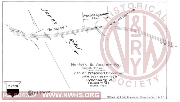 N&W Ry, Norfolk Division, Plan of proposed crossover, Mile Post 203+4270, Lynchburg, Va (Island Yard)