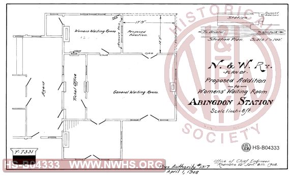 N&W Ry, Plan of Proposed Addition to Women's Waiting Room, Abingdon Station