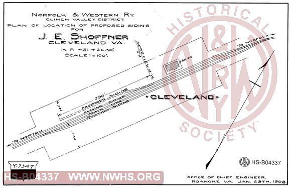 N&W Ry, Clinch Valley District, Plan of location of proposed siding for J.E. Shoffner, Cleveland, Va., MP 431+2630'