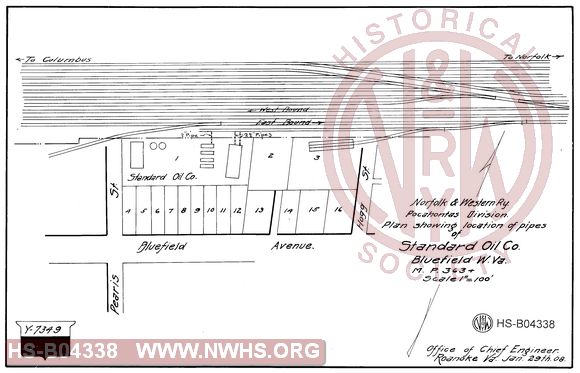 N&W Ry, Pocahontas Division, Plan showing location of pipes of Standard Oil Co, Bluefield, W.Va, MP 363+