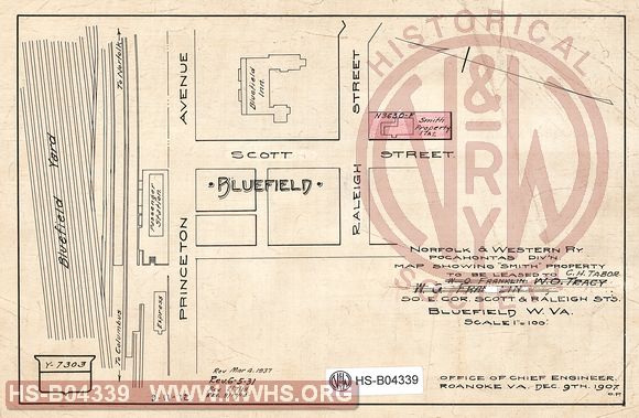 N&W Ry, Pocahontas Division, Map showing "Smith Property" to be leased to C.H. Tabor, Southeast Corner Scott & Raleigh St's, Bluefield W.Va.