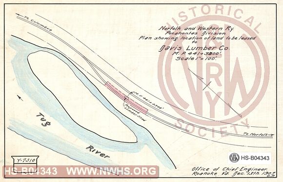 N&W Ry, Pocahontas Division, Plan showing location of land to be leased to Davis Lumber Co., MP 441+3300'