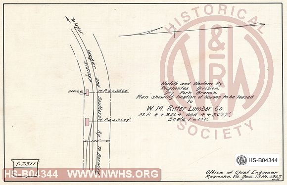 N&W Ry, Pocahontas Division, Dry Fork Branch, Plan show location of houses to be leased to W.M. Ritter Lumber Co., MP 4+356.4' and 4+3677'
