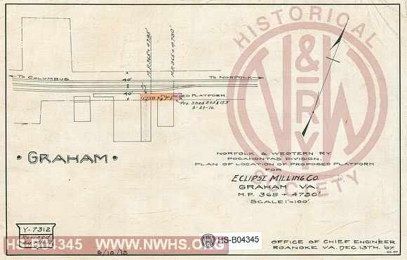 N&W Ry, Pocahontas Division, Plan of location of proposed platform for Eclipse Milling Co., Graham Va, MP 365+4730'