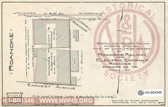 N&W Ry, Radford Division, Map of land to be deeded by Roanoke Railway and Electric Company, Roanoke, Roanoke Co. Va.