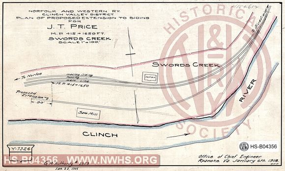 N&W Ry, Clinch Valley District, Plan of proposed extension to siding for J.T. Price, MP 415+1650', Swords Creek