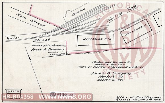 N&W Ry, Norfolk Division, Plan of location of proposed walkway for Jones & Company, Norfolk Va.