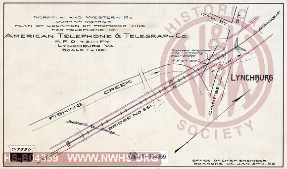 N&W Ry, Durham District, Plan of location of proposed line for Telephone of American Telephone & Telegraph Co. MP 0+2111' Lynchburg VA