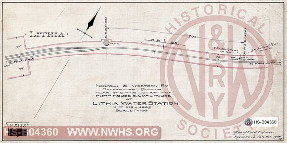 N&W Ry, Shenandoah Division, Plan Showing Location of Pump House & Coal House at Lithia Water Station MP 218+4869'