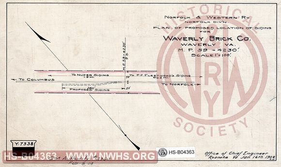 N&W Ry, Norfolk Division, Plan of Proposed Location of Siding for Waverly Brick Co., Waverly VA, MP 59+4230',