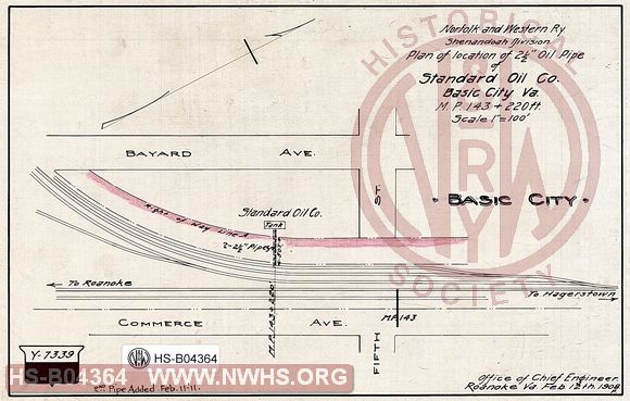 N&W Ry, Shenandoah Division, Plan of Location of 2 1/2" Oil Pipe of Standard Oil Co., Basic City, VA, MP 143+220',