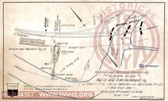 Map of Land to be Exchanged by L.G. Toney et.al. and the N&W Rwy., MP 386, Northfork WV