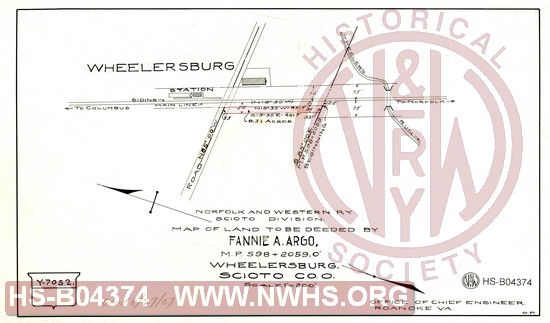 N&W Ry, Scioto Division, Map of land to be deeded by Fannie A. Argo, MP 598+2059.0', Wheelersburg, Scioto Co. OH