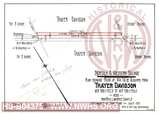 N&W Ry, Plan showing Right of Way to be Acquired from Thayer Davidson near Iron Rock, Lawrence County, Oh, MP586+1922' to MP 586+2516'