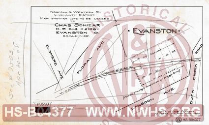 N&W Ry, Cincinnati District, Map show lots to be leased to Chas. Schiear M.P. C-4+2108', Evanston O.