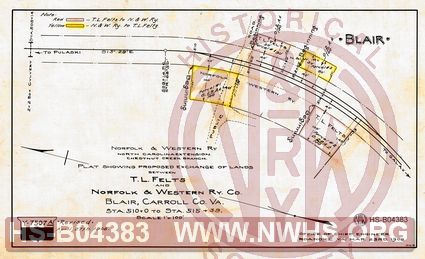 N&W Ry, North Carolina Extension, Chestnut Creek Branch, Plat showing proposed exchange of lands between T.L. Felts and N&W Ry Co, Blair, Carrol Co. Va. Sta. 510+0 to Sta. 515+39