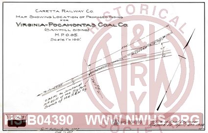 Caretta Railway Co., Map showing location of proposed siding for Virginia-Pocahontas Coal Co (Saw-mill siding) MP 0.95