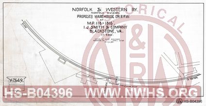 N&W Ry, Norfolk Division, Proposed Warehouse on R. of W. at MP 118+1816', I.J. Smith & Company, Blackstone, Va.