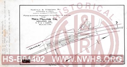 N&W Ry, Radford Division, North Carolina District, Plan showing proposed extension to siding for Rex Milling Co, Draper, Va. MP 6+793'