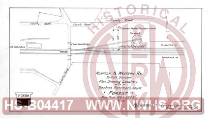 N&W Rwy. Norfolk Division, Plan Showing Location of Section Foreman's House, Forest, MP 214+2205'