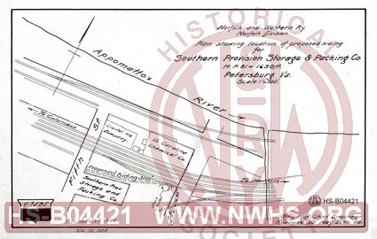 N&W Ry, Norfolk Division, Plan showing location of proposed siding for Southern Provision Storage & Packing Co., MP 81+1630', Petersburg, Va