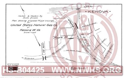 N&W Ry, Scioto Division, Plan showing proposed 14" pipe crossings for United States Natural Gas Co. at Kenova, W.Va