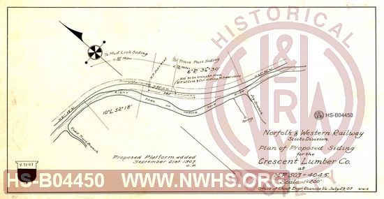 N&W Railway, Scioto Division, Plan of proposed siding for the Crescent Lumber Co. at MP 503+4045'