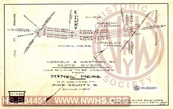 N&W Ry, Scioto Division, Map of land to be acquired from McNeil Heirs, MP 636+4791', Pike County, O.