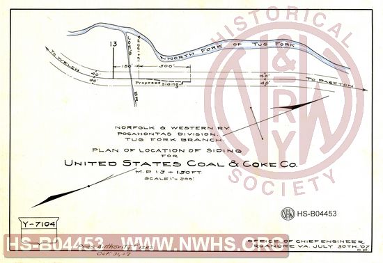 N&W Ry, Pocahontas Division, Tug Fork Branch, Plan of location of siding for United States Coal & Coke Co., MP 13+150'