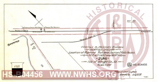 N&W Ry, Norfolk Division, Location of proposed tool and section men's houses, MP 40+1400' and 1450', Zuni, Isle of Whight Co., Va.