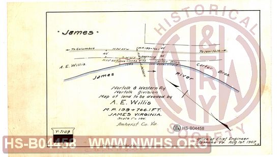 N&W Ry, Norfolk Division, Map of land to be deeded by A.E. Willis, MP 199+766', James Virginia, Amherst Co. Va.