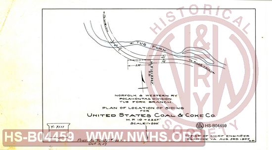 N&W Ry, Pocahontas Division, Tug Fork Branch, Plan of location of siding for United States Coal & Coke Co., MP 10+2267'