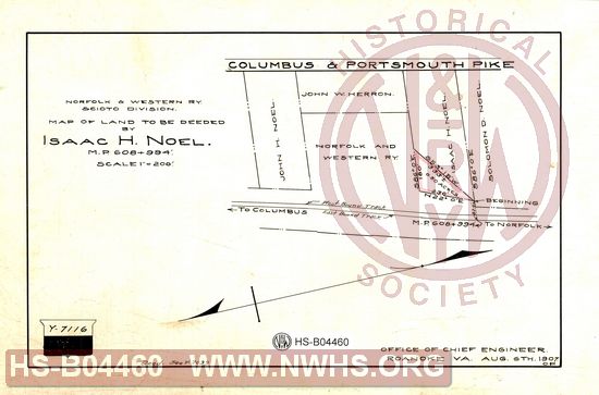 N&W Ry, Scioto Division, Map of land to be deeded by Isaac H. Noel, MP 608+994'