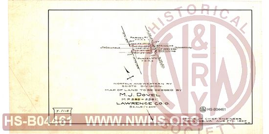 N&W Ry, Scioto Division, Map of land to be deeded by M.J. Dovel, MP 585+2391', Lawrence Co. O.