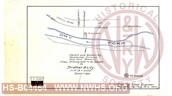 N&W Ry, Pocahontas Division, (Dry Fork Branch), Map showing land to be leased to Strother & Litz, MP 19+2252'