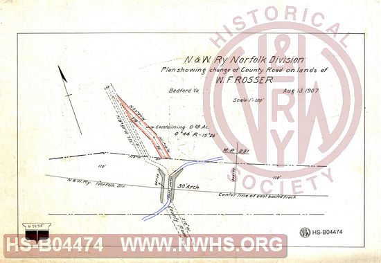 N&W Ry, Norfolk Division, Plan showing change of county road on lands of W.F. Rosser, Bedford, Va