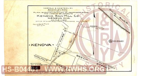 N&W Ry, Scioto Division, Kenova Belt Line, Plan showing location of proposed siding and land to be leased to Kenova Saw Mill Co., Kenova W.Va
