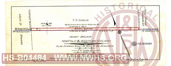 N&W Ry, Plan showing right of way to be acquired of T.C. Curlis near Afton, Clermont County, Ohio, MP 29+5132.0 to MP 30+734.8