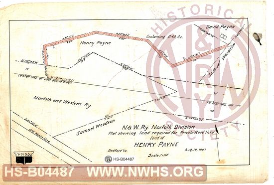 N&W Ry, Norfolk Division, Plat showing land required for private road thro' land of Henry Payne