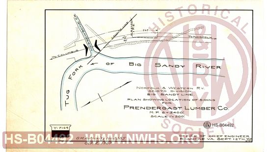 N&W Ry, Scioto Division, Big Sandy Line, Plan showing location of siding for Prendergast Lumber Co., MP 6+3400'