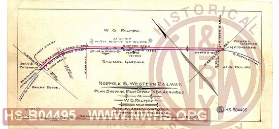 N&W Ry, Plan showing right of way to be acquired of W.S. Palmer near Peebles, Adams County, Ohio, MP 69+4214.0 to MP 70+925.3
